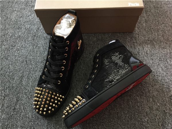 Made To Order Super Perfect Christian Louboutin Lou Spikes Men s Flat In Black Gold Bronzo Glitter Sneaker Made To Order Super